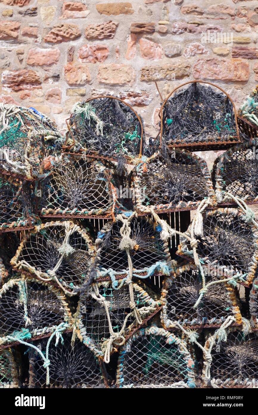 Lobster Pots by The Lobster Hut at Crail Harbour, Fife. Scotland, UK