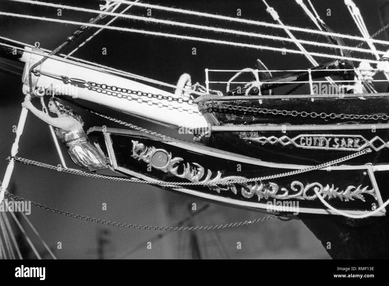 Bow of a model of the British clipper 'Cutty Sark', which nowadays is anchored in London as a museum ship. Stock Photo