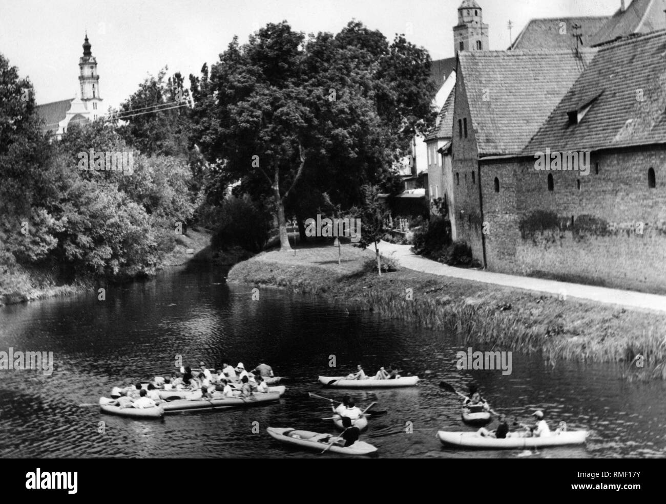 Canoeists on the Woernitz in Donauwoerth (undated shot). Stock Photo