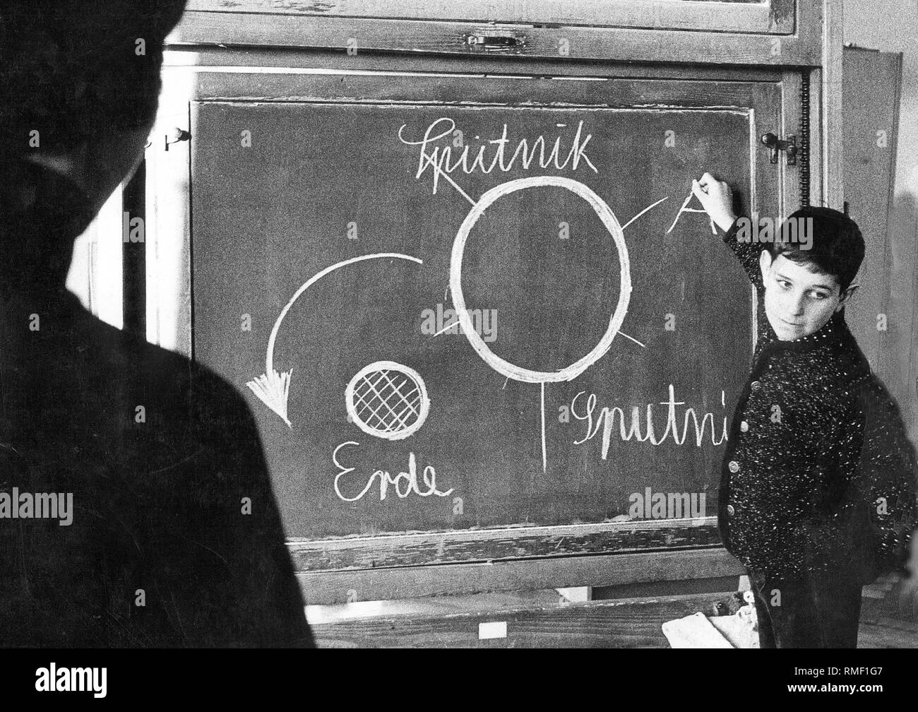 The launch of the first 'Sputnik' satellite is the lesson topic at a school in the GDR. Stock Photo