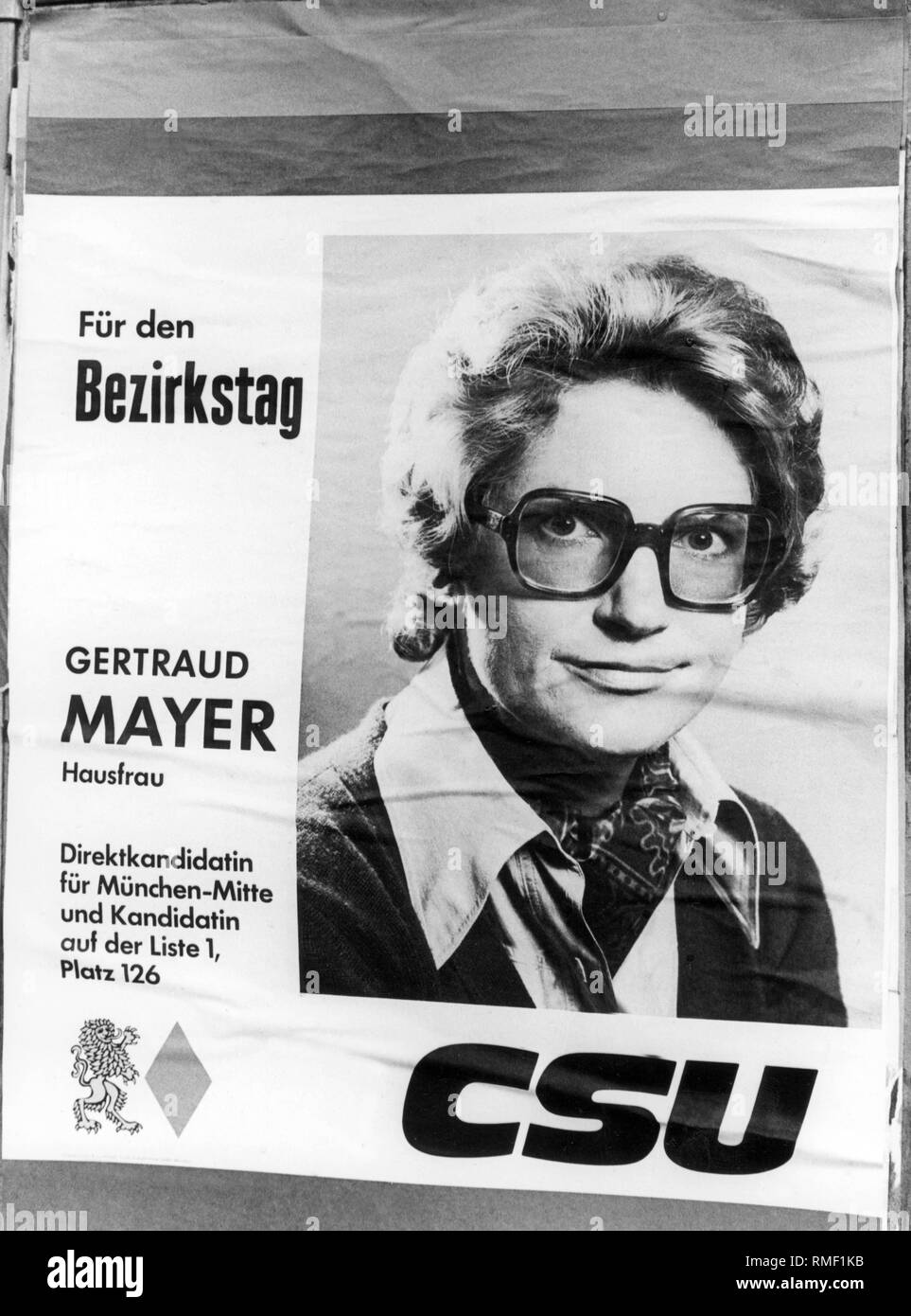 Election poster of the CSU politician Gertraud Mayer in 1974. Stock Photo