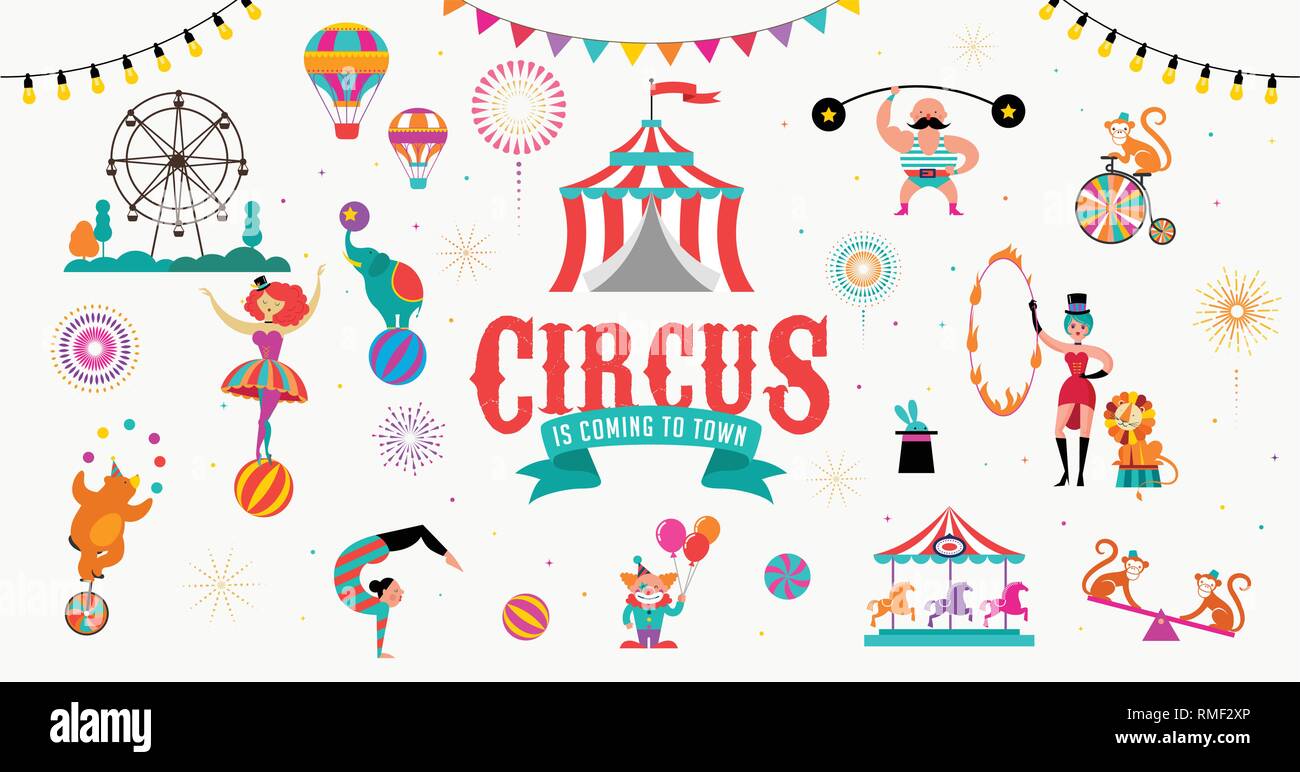 Circus banner template and background with tent, monkey, air balloons, gymnastics, elephant on ball, lion, jugger and clown. Vector illustration Stock Vector