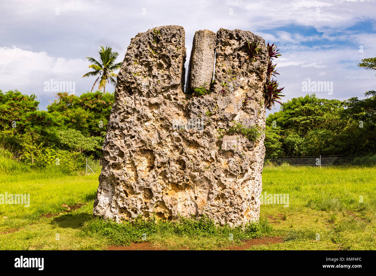 Side view of Haamonga a Maui, Ha'amonga 'a Maui or Burden of Maui, a stone trilithon in the Kingdom of Tonga, Tongatapu island, Niutoua village, Heket Stock Photo