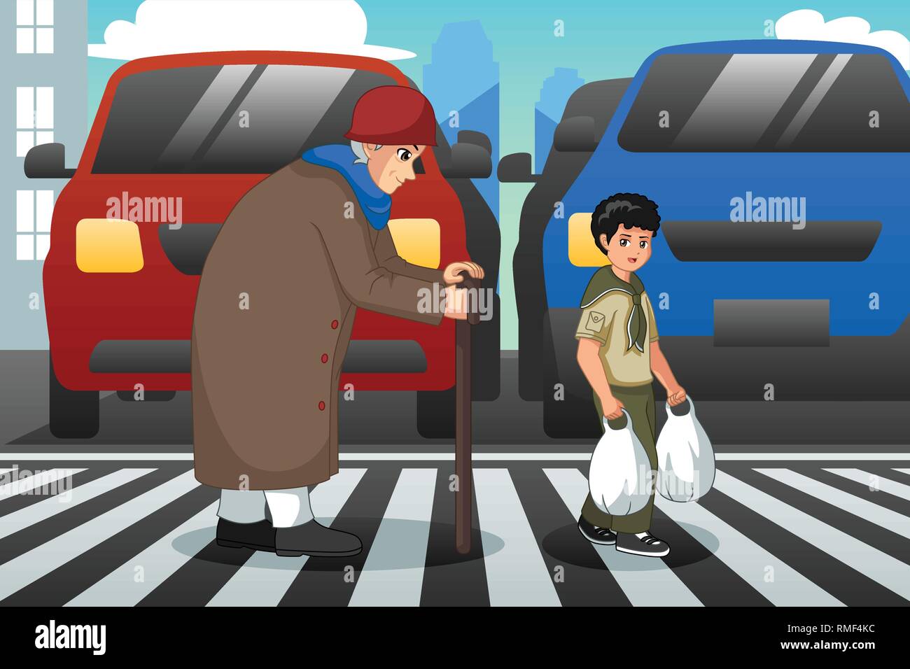 A vector illustration of Boy Helping Old Lady Crossing Street Stock Vector