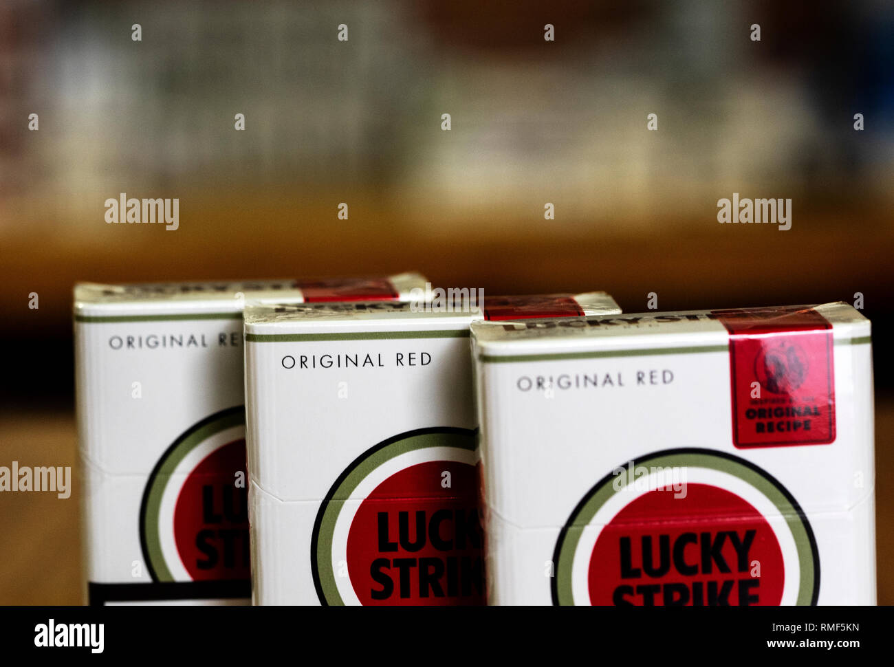A pack of  British American Tobacco Lucky Strike cigarettes seen in a Tobacco Store. Stock Photo