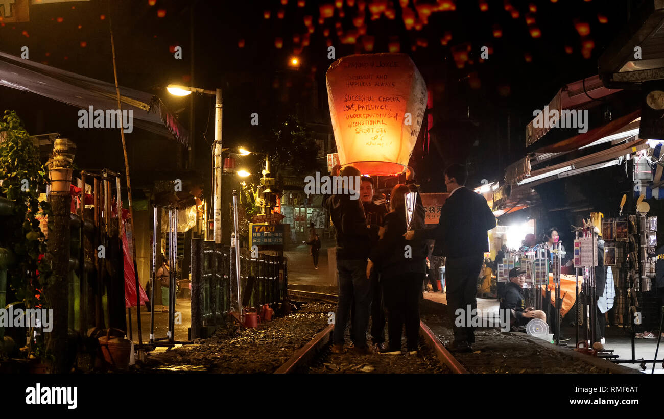 New Taipei City, Taiwan - 14 Feb, 2019 : Pingxi, Jingtong, Xinbei City, attracts tourists to the sky lanterns around the annual Lantern Festival Stock Photo