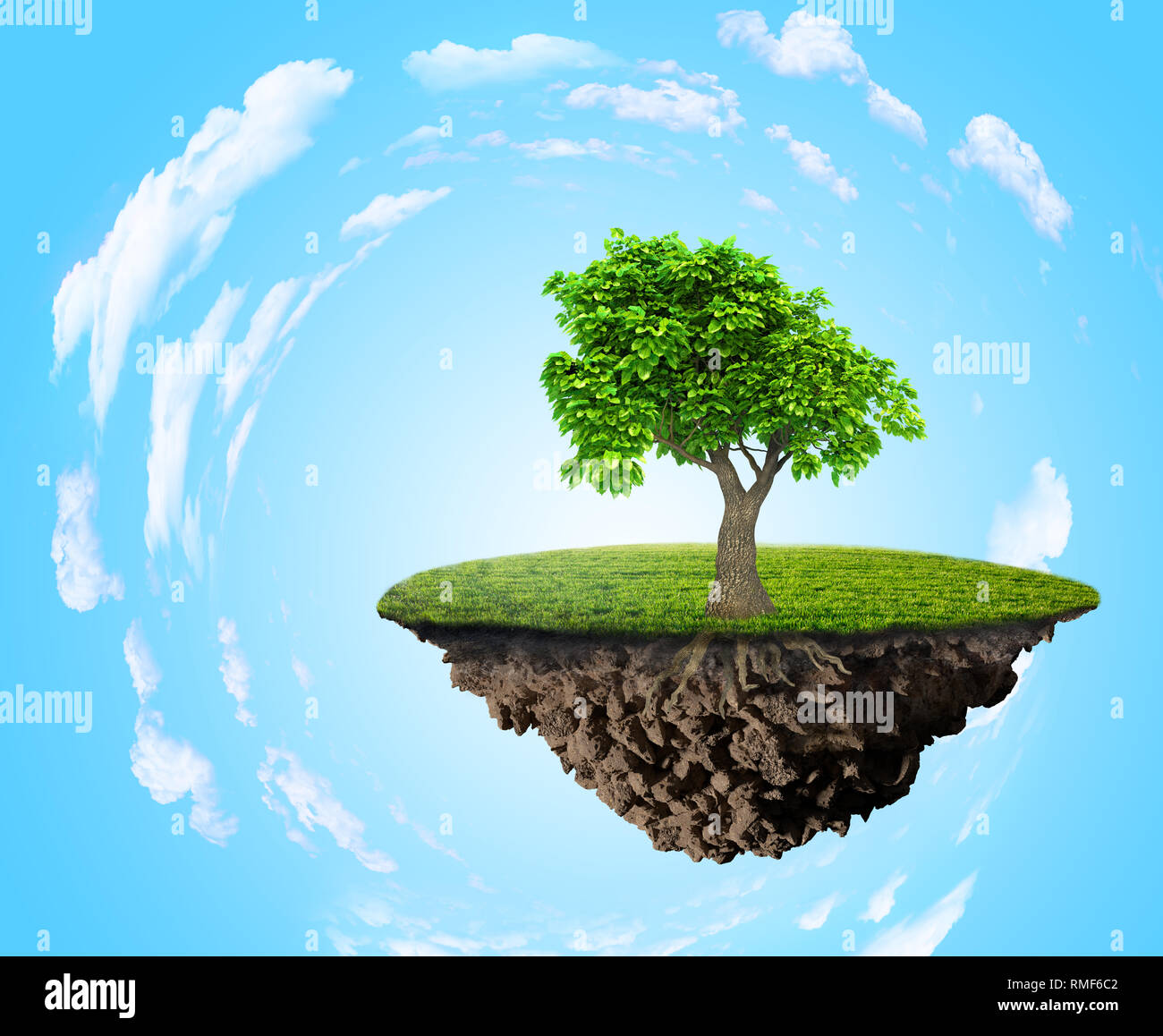 green grass island with tree floating in blue sky Stock Photo - Alamy