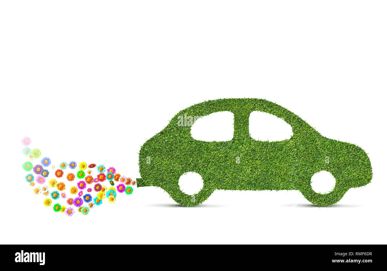 green eco friendly car concept made of grass and flowers isolated 3D illustration Stock Photo