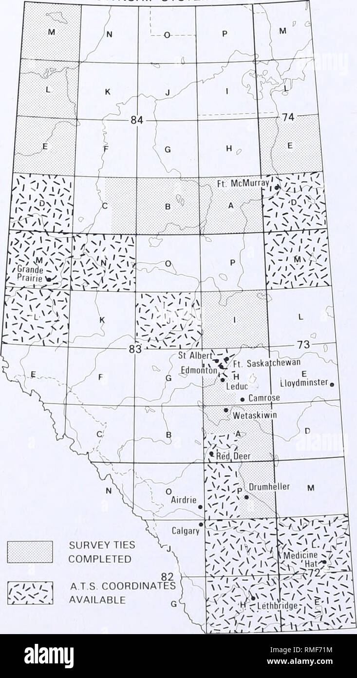 . Annual report. Alberta. Alberta Forestry, Lands and Wildlife; Forests and forestry; Public lands; Wildlife conservation; Natural resources. Alberta Bureau of Surveying and Mapping Figure 17 - Status of Framework Control Program ALBERTA SURVEY CONTROL COORDINATES 1 M ' o A 1 4 f 4^ ' G —^74 E 0 ,c B - Ft McMurra ' 1 D Grafide O K f- —— 8 G eit . U Sask 1 I'lliir , Caim E 1 Llovdaiinste ! c' •?WetaskiK •Red Deer D &quot;  ' °A d p'; Drum leller m 1 A S C. COORDIN 1 AVAII ARI F Calgary ^ ATES  82 V—  Alberta Bureau of Surveying and Mapping co-ordinates all provincial surveying and mapping  Stock Photo