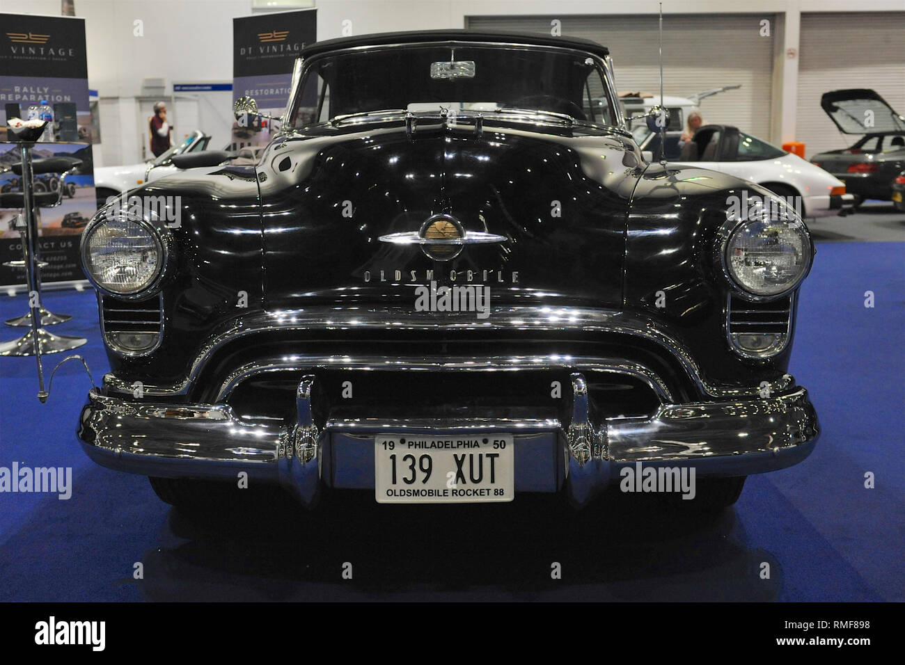 ExCel London, UK. 14th Feb 2019. London, UK. 14th Feb, 2019. A 1950 Oldsmobile 'Rocket' 88 Convertible on display at the London Classic Car Show which is taking place at ExCel London, United Kingdom.  Around 700 of the world's finest classic cars are on display at the show ranging from vintage pre-war tourers to a modern concept cars. The show brings in around 37,000 visitors, ranging from serious petrol heads to people who just love beautiful and classic vehicles. Credit: Michael Preston/Alamy Live News Stock Photo