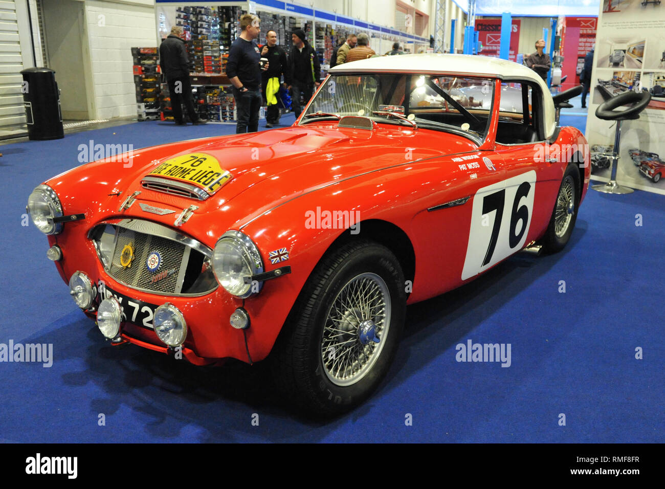 ExCel London, UK. 14th Feb 2019. A 1960 Austin Healey Works Rally Car URX 727 on display at the London Classic Car Show which is taking place at ExCel London, United Kingdom. Around 700 of the world's finest classic cars are on display at the show ranging from vintage pre-war tourers to a modern concept cars. The show brings in around 37,000 visitors, ranging from serious petrol heads to people who just love beautiful and classic vehicles. Credit: Michael Preston/Alamy Live News Stock Photo