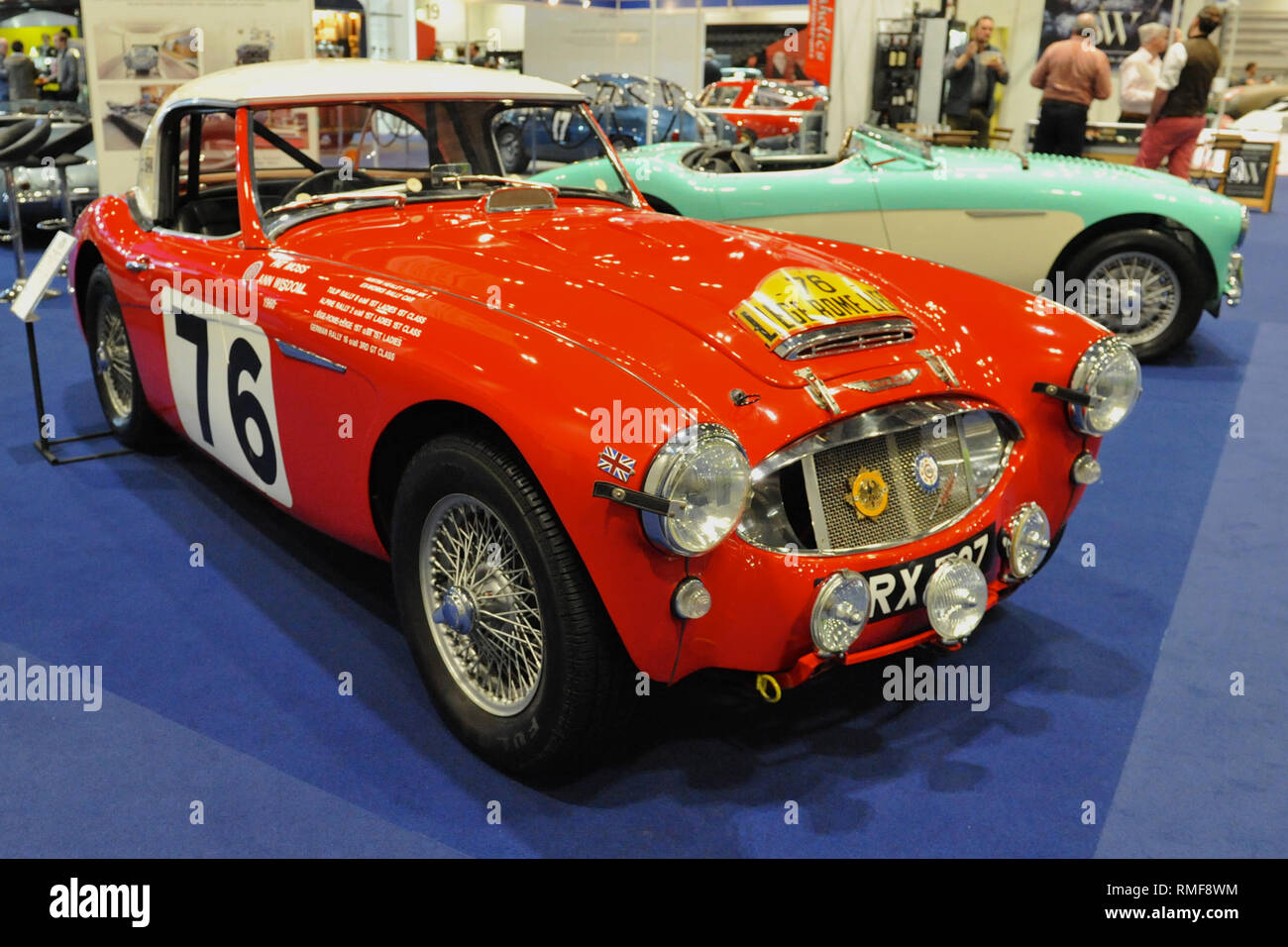 ExCel London, UK. 14th Feb 2019. A 1960 Austin Healey Works Rally Car URX 727 on display at the London Classic Car Show which is taking place at ExCel London, United Kingdom. Around 700 of the world's finest classic cars are on display at the show ranging from vintage pre-war tourers to a modern concept cars. The show brings in around 37,000 visitors, ranging from serious petrol heads to people who just love beautiful and classic vehicles. Credit: Michael Preston/Alamy Live News Stock Photo