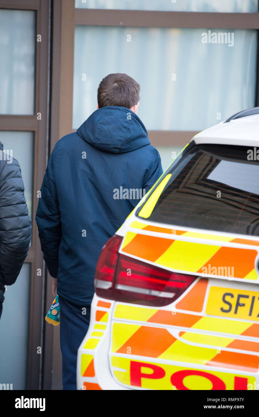 Glasgow, UK. 14 February 2019. Robert McPhail - the father of Alesha McPhail outside of the court during Alesha McPhail's Murder Trial. Alesha's body was found in the grounds of a former hotel on 2 July last year. Not able to name the accused. It is illegal in Scotland to publish the name, address, school or any other information which could identify anyone under the age of 18 who is the accused, victim or witness in a criminal case This law applies to social media as well as to websites, newspapers and TV and radio programmes. Credit: Colin Fisher/Alamy Live News Stock Photo