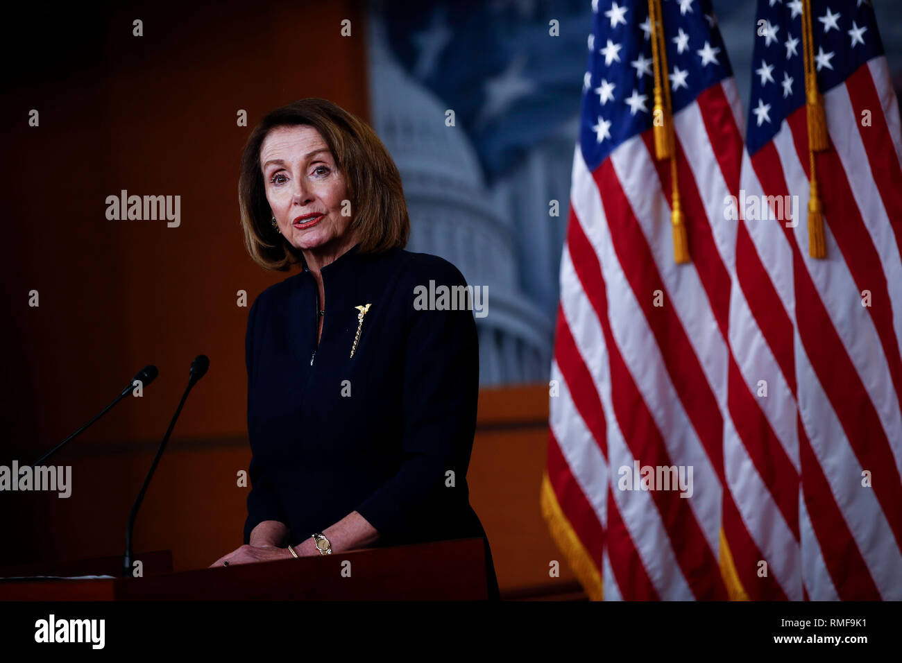 (190214) -- WASHINGTON, Feb. 14, 2019 (Xinhua) -- U.S. House Speaker Nancy Pelosi speaks during a press conference on Capitol Hill in Washington, DC, the United States, on Feb. 14, 2019. U.S. President Donald Trump is prepared to sign a bipartisan bill on spending and border security to avert another government shutdown, but also declare a national emergency to obtain funds for his long-promised border wall, the White House said Thursday. Nancy Pelosi, the top Democrat in the House, said her party is 'reviewing our options' in responding to the anticipated emergency declaration. (Xinhua/Ting Stock Photo