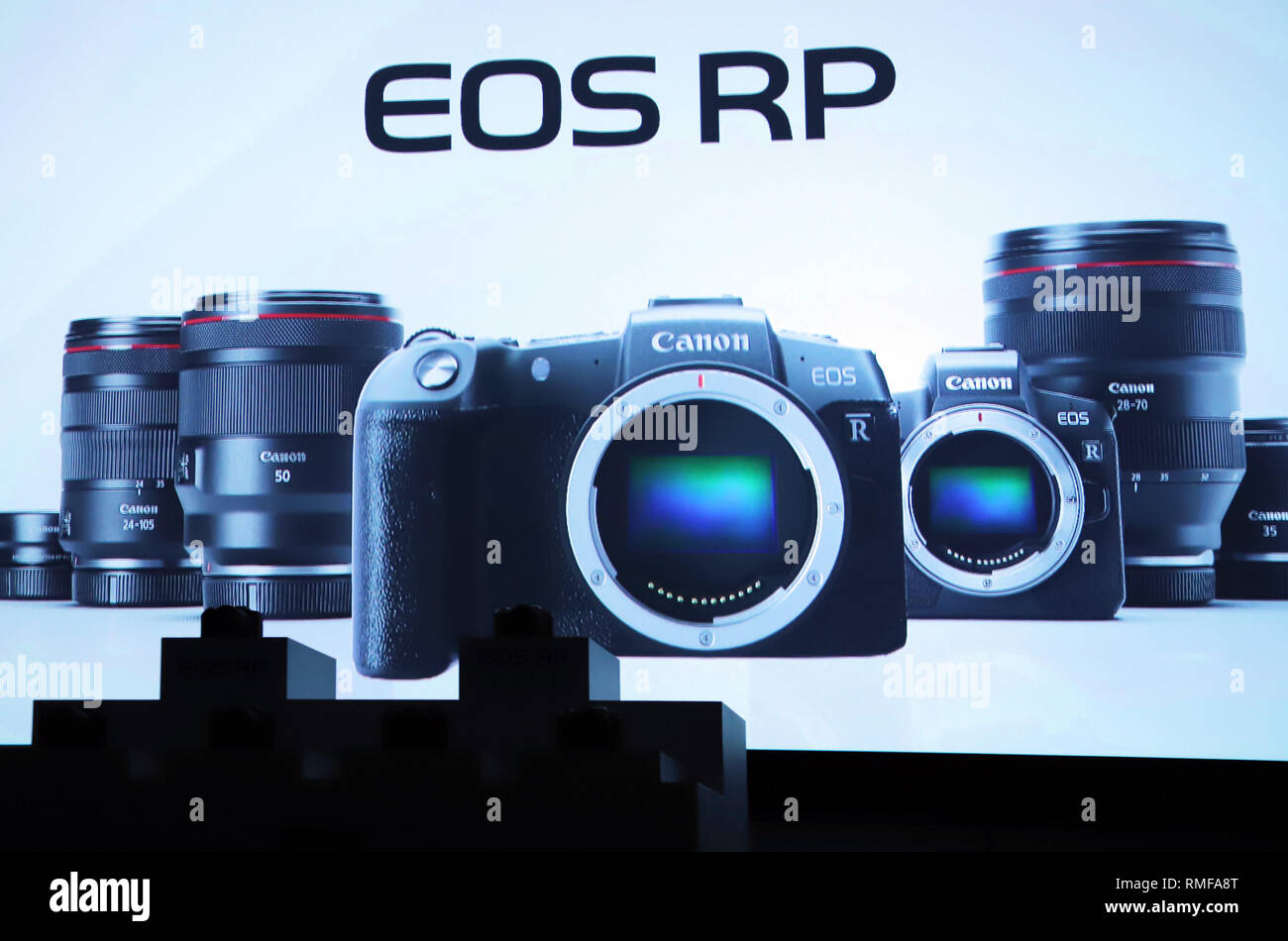 Tokyo, Japan. 14th Feb, 2019. Japan's camera giant Canon unveils the new mirroless digital camera 'EOS RP' at Canon Marketing's headquarters in Tokyo on Thursday, February 14, 2019. Canon will put the light weight, only 485g in weight, digital camera with 35mm sized 26.2 mega-pixel CMOS sensor on Japanedse market next month. Credit: Yoshio Tsunoda/AFLO/Alamy Live News Stock Photo