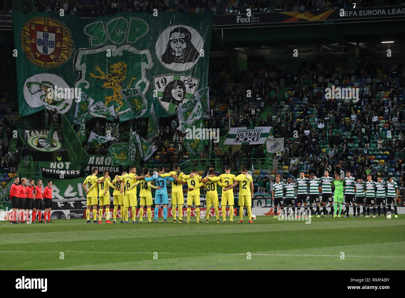 Moment in which the two teams make a minute of silence in honor of Emiliano  Sala during the Europa League 2018/2019 footballl match between Sporting CP  vs Villarreal FC. (Final score: Sporting