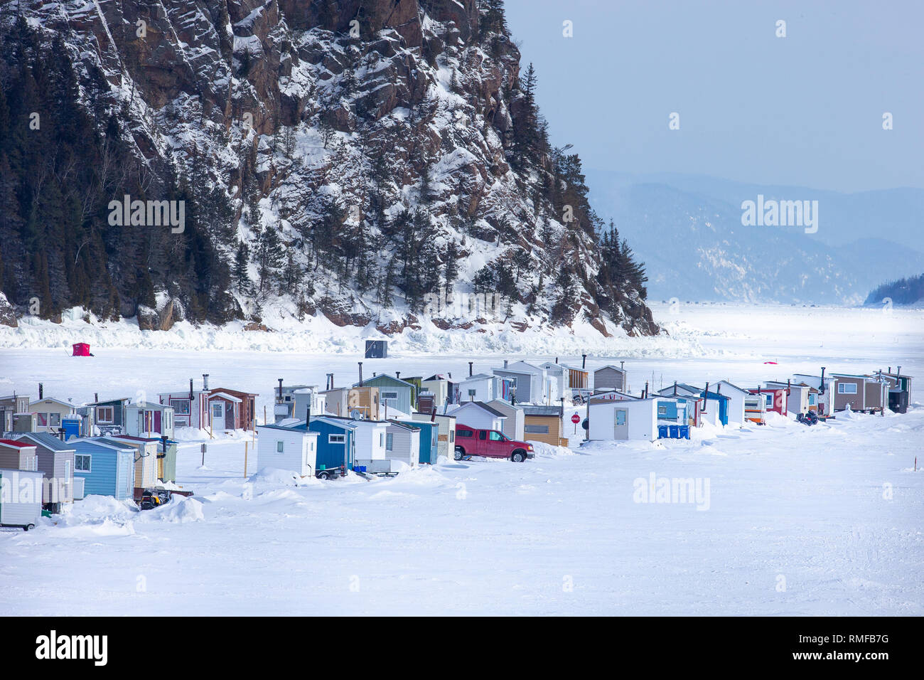 La Baie, Quebec, Canada. 14th Feb 2019. Ice fishing huts on Saguenay River. To all the years of