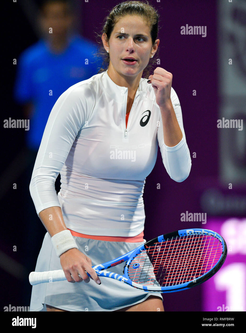 Doha, Qatar. 14th Feb, 2019. Julia Goerges of Germany reacts during the  women's singles quarterfinal between Simona Halep of Romania and Julia  Goerges of Germany at the 2019 WTA Qatar Open in