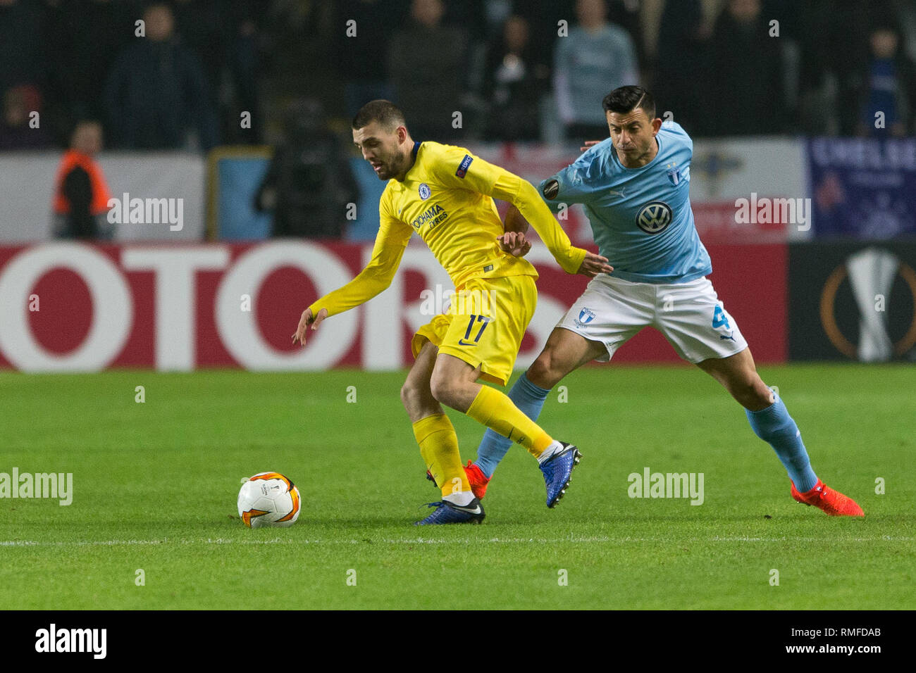 Malmo, Sweden. 14th Feb, 2019. Sweden, Malmö, February 24 2019. Mateo Kovacic (17) of Chelsea FC and Behrang Safari (4) of Malmö FF seen during the Europa League round of 32 match between Malmö FF and Chelsea FC at Swedbank Stadion in Malmö. (Photo Credit: Gonzales Photo/Alamy Live News Stock Photo