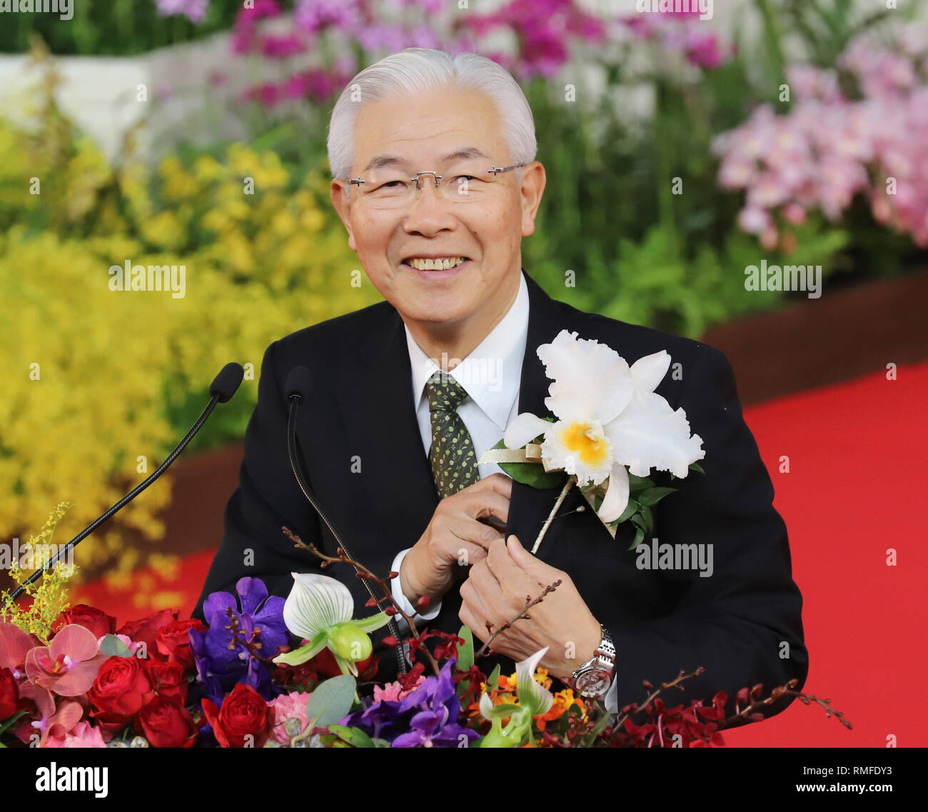 Tokyo, Japan. 15th Feb, 2019. Japan's largest newspaper Yomiuri Shimbun Holdings chairman Kojiro Shiraishi delivers a speech at the opening ceremony for 'JGP International Orchid and Flower Show' at the Tokyo Dome stadium in Tokyo on Friday, February 15, 2019. The annual flower festival with 3,000 types, 100,000 plants orchids will be held from February 15 through 22. Credit: Yoshio Tsunoda/AFLO/Alamy Live News Stock Photo