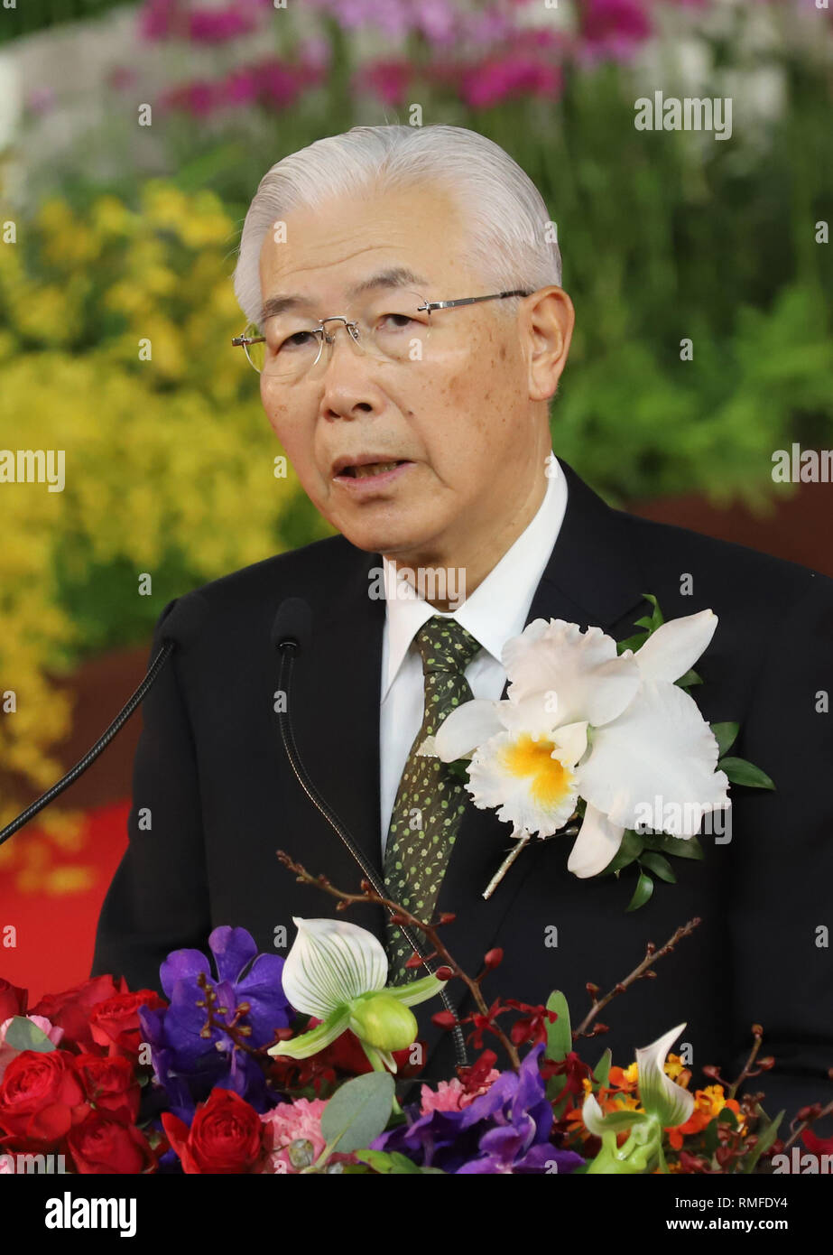 Tokyo, Japan. 15th Feb, 2019. Japan's largest newspaper Yomiuri Shimbun Holdings chaiman Koijiro Shiraishi delivers a speech at the opening ceremony for 'JGP International Orchid and Flower Show' at the Tokyo Dome stadium in Tokyo on Friday, February 15, 2019. The annual flower festival with 3,000 types, 100,000 plants orchids will be held from February 15 through 22. Credit: Yoshio Tsunoda/AFLO/Alamy Live News Stock Photo