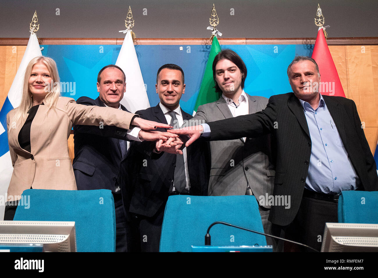 Foto Roberto Monaldo / LaPresse 15-02-2019 Roma Politica Luigi Di Maio presenta i leader del nuovo gruppo per le prossime elezioni europee Nella foto Karolina Kahonen (Liike Nyt), Pawel Kukiz (Kukiz' 15), Luigi Di Maio, Ivan Vilibor Sincic (Zivi Zid), EvangelosTsiobanidis (Partito Agricoltura e Allevamento)  Photo Roberto Monaldo / LaPresse 15-02-2019 Rome (Italy) Luigi Di Maio presents the leaders of the new group for the next European elections In the pic Stock Photo