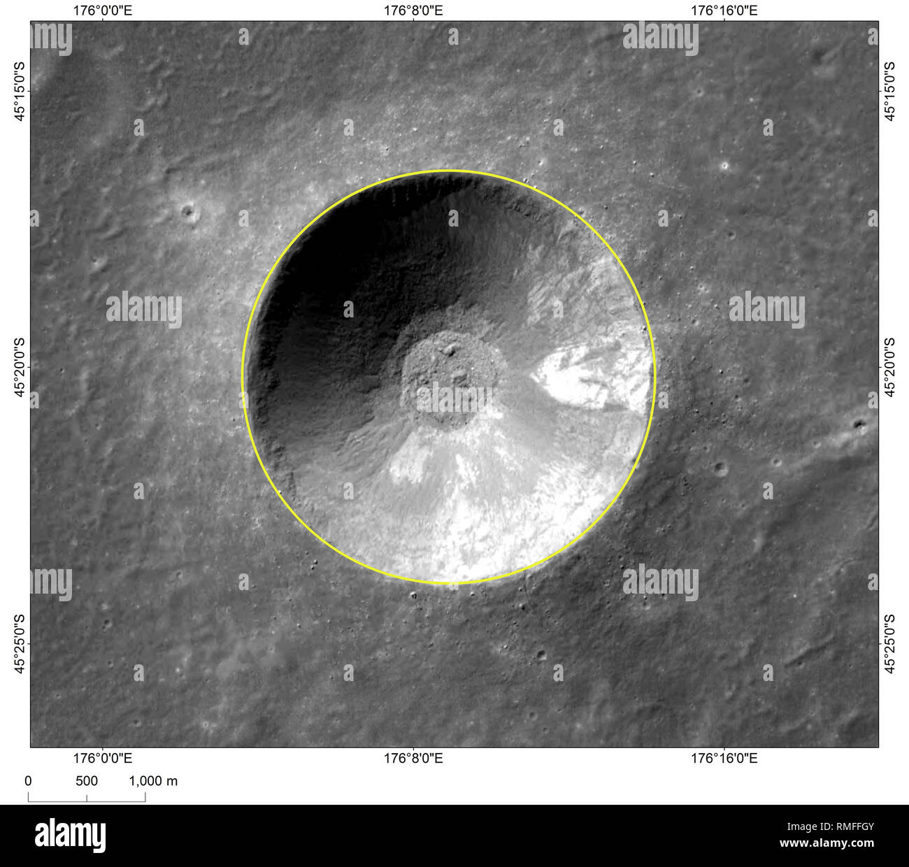 (190215) -- BEIJING, Feb. 15, 2019 (Xinhua) --     Photo provided by the China National Space Administration (CNSA) shows the image of Zhinyu, a crater near 'Statio Tianhe', the landing site of China's Chang'e-4 lunar probe.     The landing site of China's Chang'e-4 lunar probe has been named 'Statio Tianhe' after the spacecraft made the first-ever soft landing on the far side of the moon last month.     Together with three nearby impact craters and one hill, the name was approved by the International Astronomical Union (IAU), Liu Jizhong, director of the China Lunar Exploration and Space Engi Stock Photo