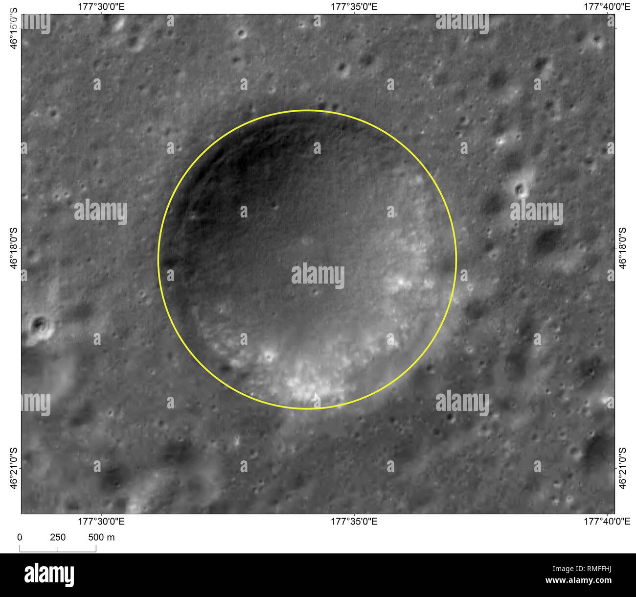 (190215) -- BEIJING, Feb. 15, 2019 (Xinhua) --     Photo provided by the China National Space Administration (CNSA) shows the image of Hegu, a crater near 'Statio Tianhe', the landing site of China's Chang'e-4 lunar probe.     The landing site of China's Chang'e-4 lunar probe has been named 'Statio Tianhe' after the spacecraft made the first-ever soft landing on the far side of the moon last month.     Together with three nearby impact craters and one hill, the name was approved by the International Astronomical Union (IAU), Liu Jizhong, director of the China Lunar Exploration and Space Engine Stock Photo