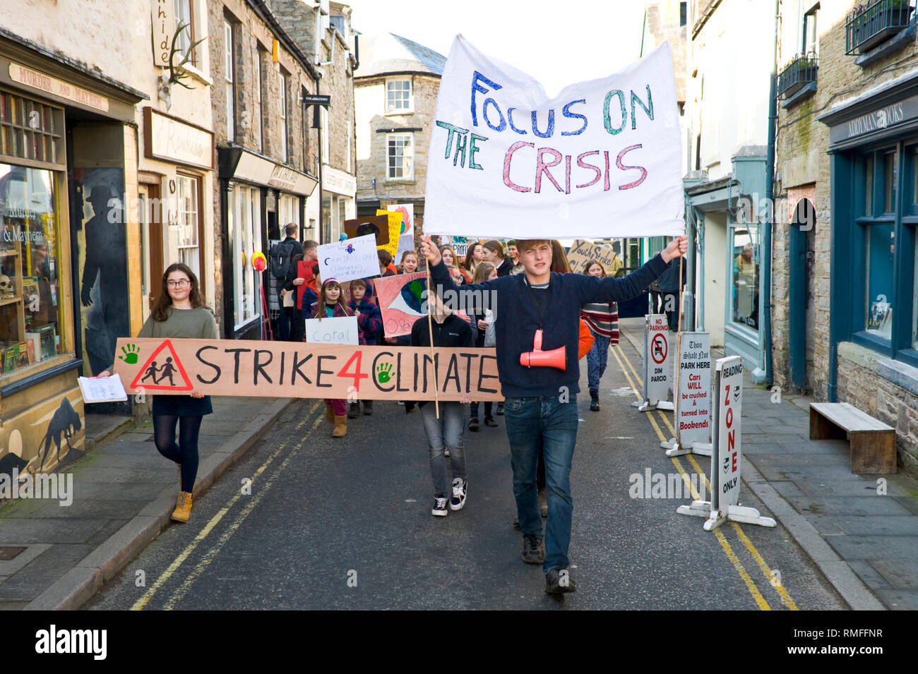 Hay on Wye, Powys, Wales, UK. February 15 2019. Climate strike. Pupils from local schools took time off from lessons to protest calling for urgent action over climate change. This is part of a coordinated national day of action. Credit: Jeff Morgan/Alamy Live News Stock Photo