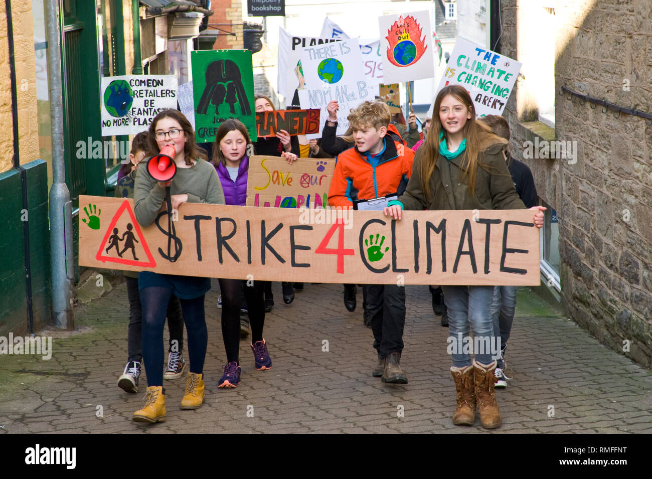 Hay on Wye, Powys, Wales, UK. February 15 2019. Climate strike. Pupils from local schools took time off from lessons to protest calling for urgent action over climate change. This is part of a coordinated national day of action. Credit: Jeff Morgan/Alamy Live News Stock Photo