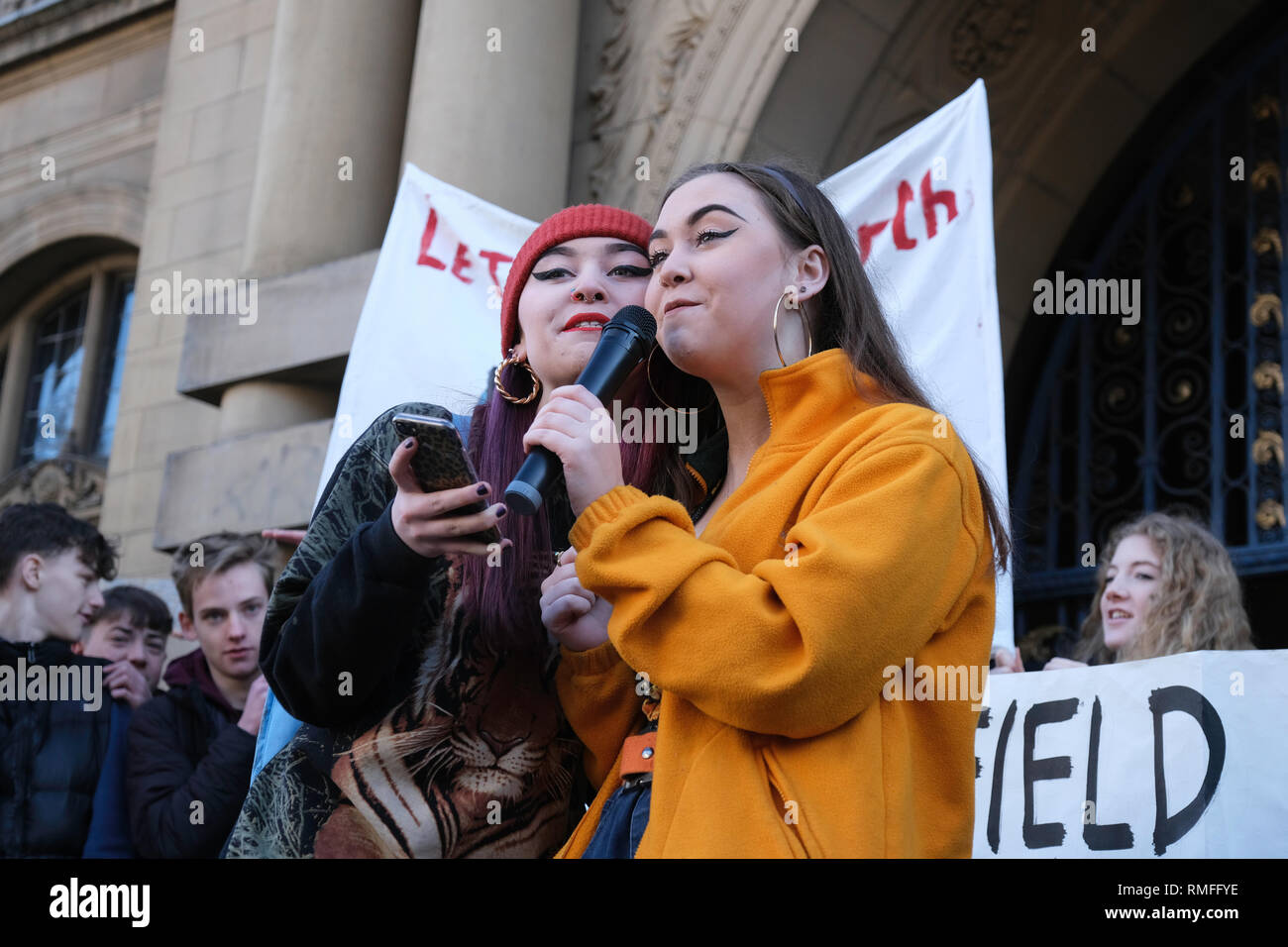 Sheffield, UK. 15th Feb, 2019. School students have walked out of school to join a rally organised by Youth Strike 4 Climate at Sheffield Town Hall. Following the example of Greta Thunberg students are striking to protest against lack of political action to mitigate climate change. Credit: Jeremy Abrahams/Alamy Live News Stock Photo