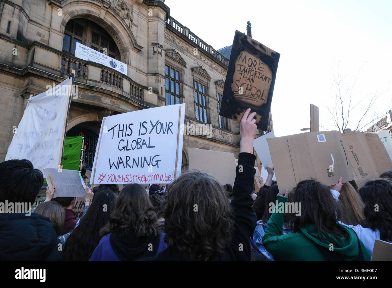 Sheffield, UK. 15th Feb, 2019. School students have walked out of school to join a rally organised by Youth Strike 4 Climate at Sheffield Town Hall. Following the example of Greta Thunberg students are striking to protest against lack of political action to mitigate climate change. Credit: Jeremy Abrahams/Alamy Live News Stock Photo