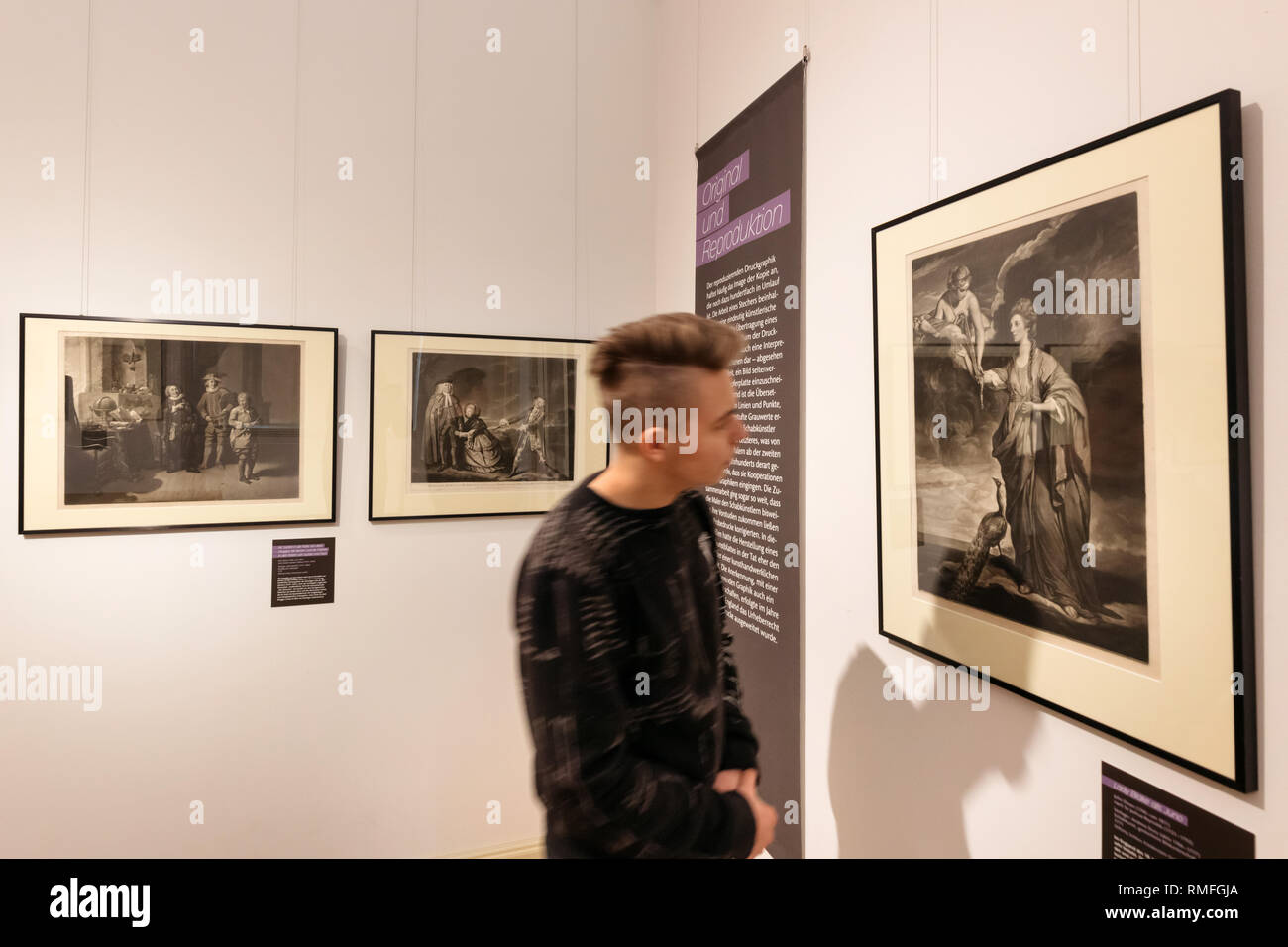 Gotha, Germany. 15th Feb, 2019. A man looks at the painting 'Lady Blake as Juno' by John Dixon in the exhibition 'The Fine English Art - Black Art from England' in the Herzogliches Museum. Until 12 May 2019, about 40 prints in mezzotint technique from the 17th and 18th centuries can be seen here. Credit: Michael Reichel/dpa/Alamy Live News Stock Photo