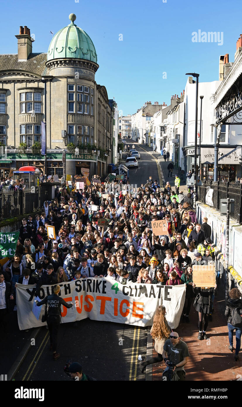 Brighton, UK. 15th Feb, 2019. Thousands of students and schoolchildren in Brighton take part in the Youth Strike 4 Climate protest today as part of a coordinated day of national action. Thousands of students are set to go on strike at 11am on Friday as part of a global youth action over climate change and the strikes are taking place in over 30 towns and cities across the country Credit: Simon Dack/Alamy Live News Stock Photo