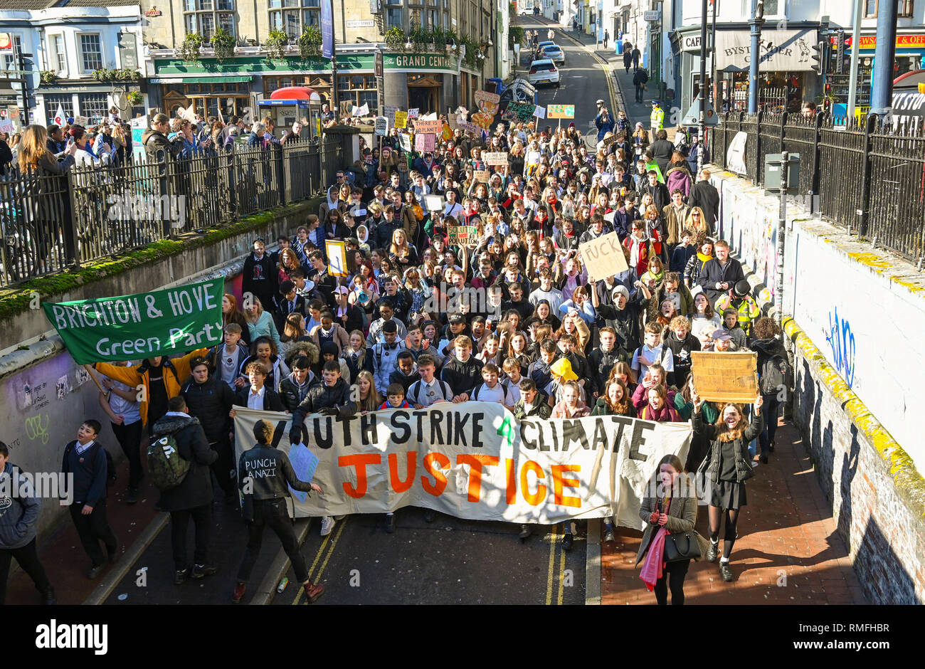 Brighton, UK. 15th Feb, 2019. Thousands of students and schoolchildren in Brighton take part in the Youth Strike 4 Climate protest today as part of a coordinated day of national action. Thousands of students are set to go on strike at 11am on Friday as part of a global youth action over climate change and the strikes are taking place in over 30 towns and cities across the country Credit: Simon Dack/Alamy Live News Stock Photo