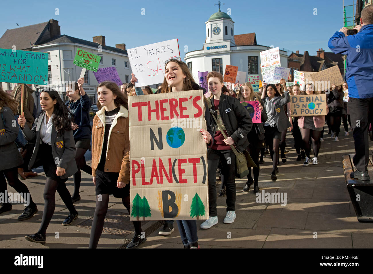 Stratford-upon Avon, UK. 15th Feb 2019. Students on strike carrying banners demanding government action on climate change in the centre of February 15 2018 Stratford-upon Avon UK. In their National Open Letter they say to the government 'We've had enough; no more excuses; no more inaction; we want a future and we will fight for it.' Thank you Credit: Mark Boulton/Alamy Live News Stock Photo