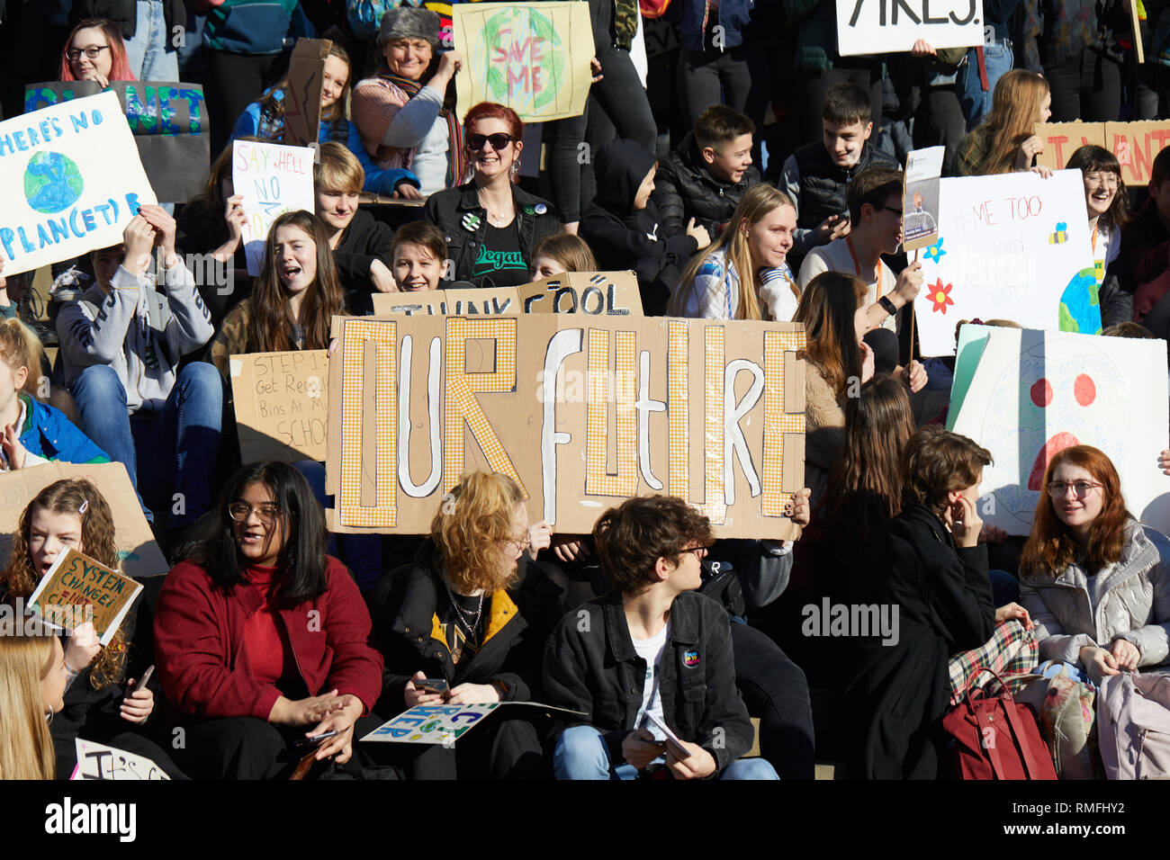 Leeds, UK. 15th Feb, 2019. Young people protesting outside Leeds City Hall during a national climate change strike day of action. Credit: Kevin J. Frost/Alamy Live News Stock Photo