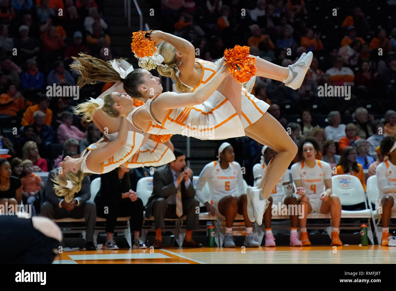 February 14, 2019: Tennessee Lady Volunteers cheerleaders perform during the NCAA basketball game between the University of Tennessee Lady Volunteers and the Auburn University Tigers at Thompson Boling Arena in Knoxville TN Tim Gangloff/CSM Stock Photo