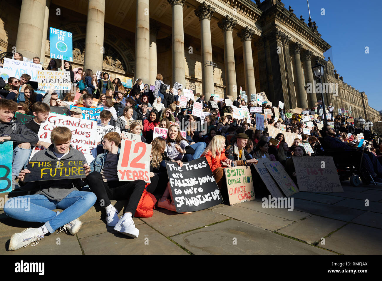 Leeds, UK. 15th Feb, 2019. Young people protesting outside Leeds City Hall during a national climate change strike day of action. Credit: Kevin J. Frost/Alamy Live News Stock Photo