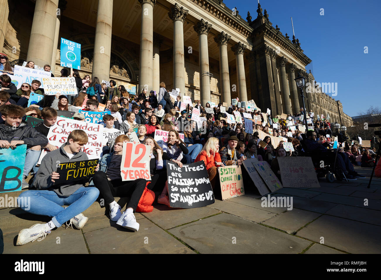 Leeds, UK. 15th Feb, 2019. Young people protesting outside Leeds City Hall during a national climate change strike day of action. Credit: Kevin J. Frost/Alamy Live News Stock Photo