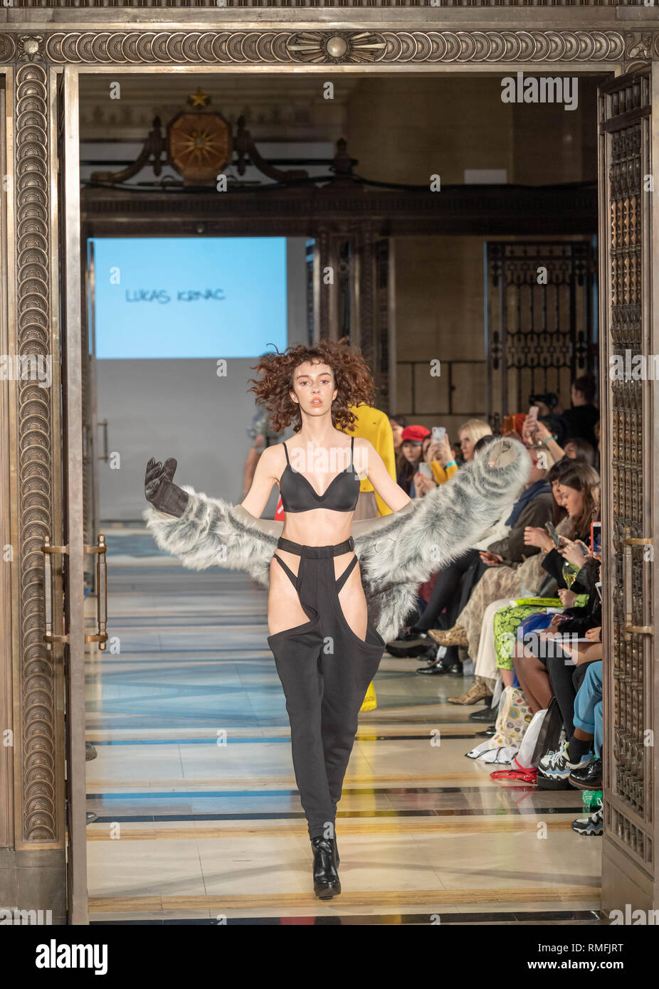 London, UK. 15th February 2019 Fashion Scount at London, UK. Fashion Week AW19 at the Freemasons Hall, Great Queens Street, The Slovac Fashion Council present desinger Lukas Krnac Credit: Ian Davidson/Alamy Live News Stock Photo