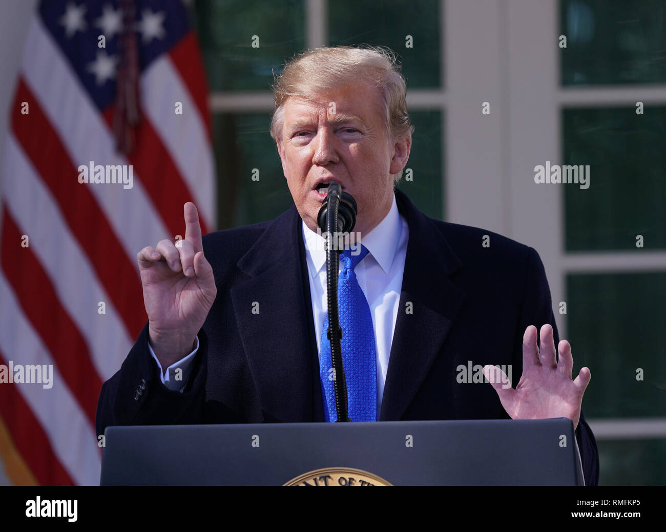Washington DC, USA. 15th Feb, 2019. United States President Donald J. Trump makes remarks declaring a National Emergency over the southern border and the need for border security during an appearance in the Rose Garden of the White House in Washington, DC on Friday, February 15, 2019. Credit: Chris Kleponis / Pool via CNP /MediaPunch Credit: MediaPunch Inc/Alamy Live News Stock Photo