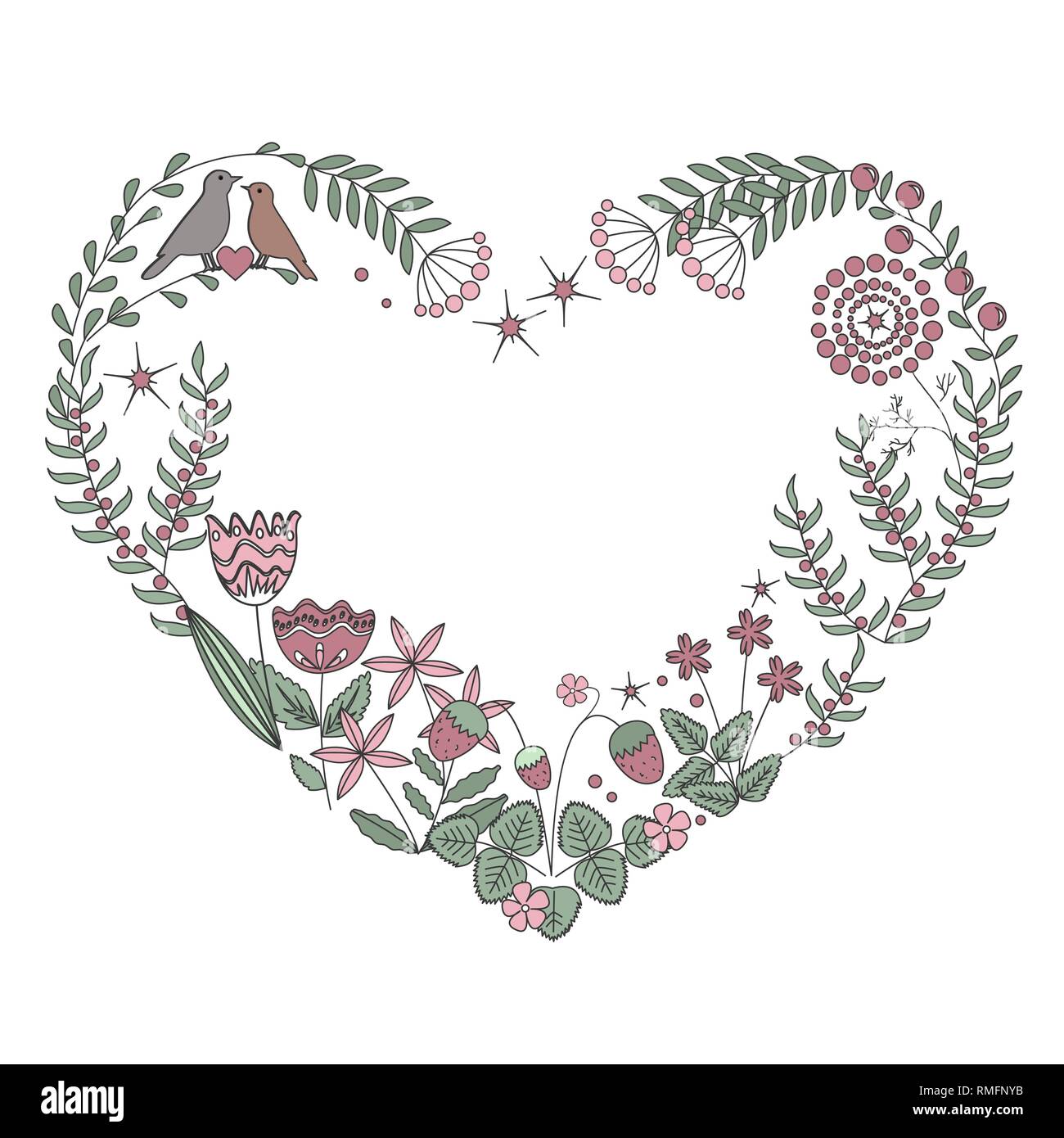 Floral heart frame with isolated flowers, herbs and leaves. Vector illustration Stock Vector