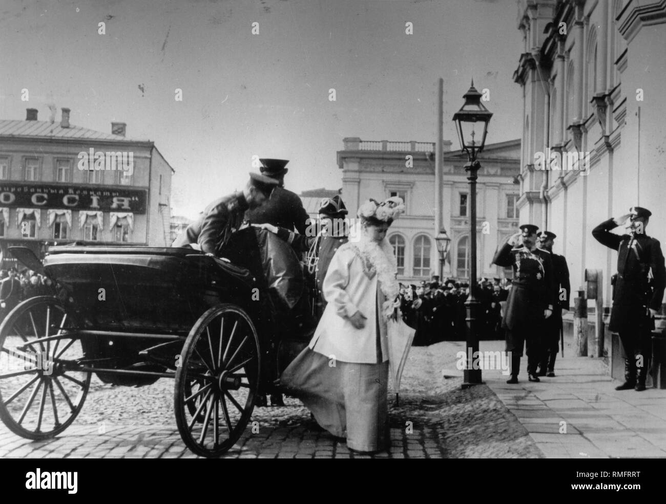 Arrival of Tsar Nicholas II and Tsarina Alexandra Fyodorovna in the Strastnoy Monastery in Moscow. Silver Gelatin Photography Stock Photo
