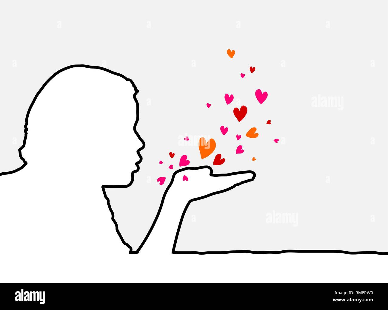 Blowing Hearts - single line human profile and hearts Stock Vector