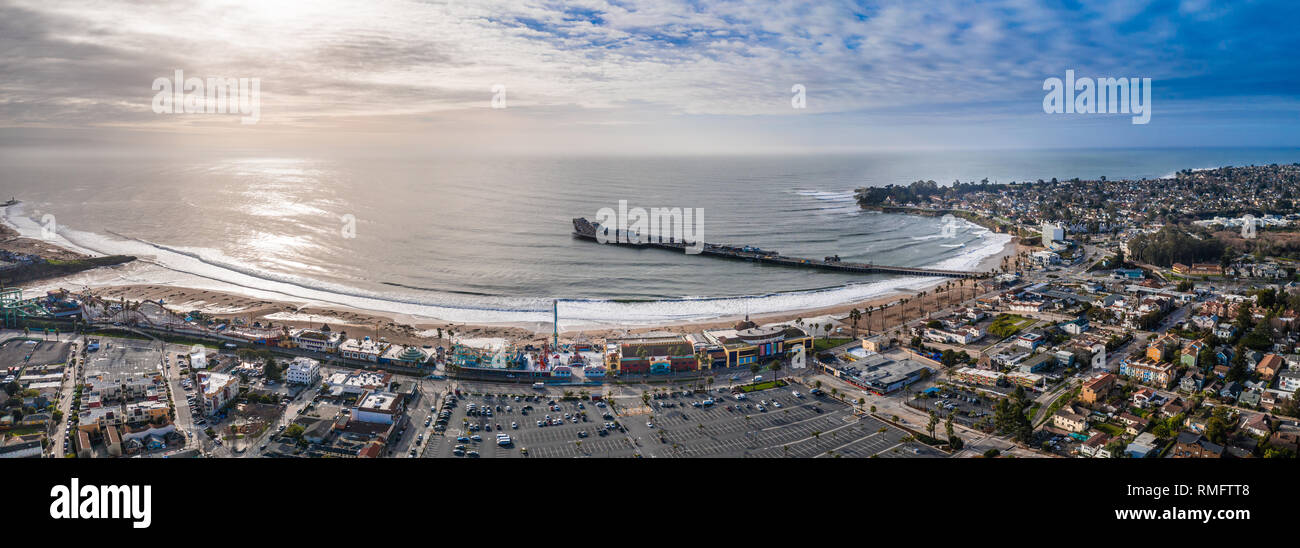 Aerial view of the Santa Cruz pier rollercoaster California US. Longest
