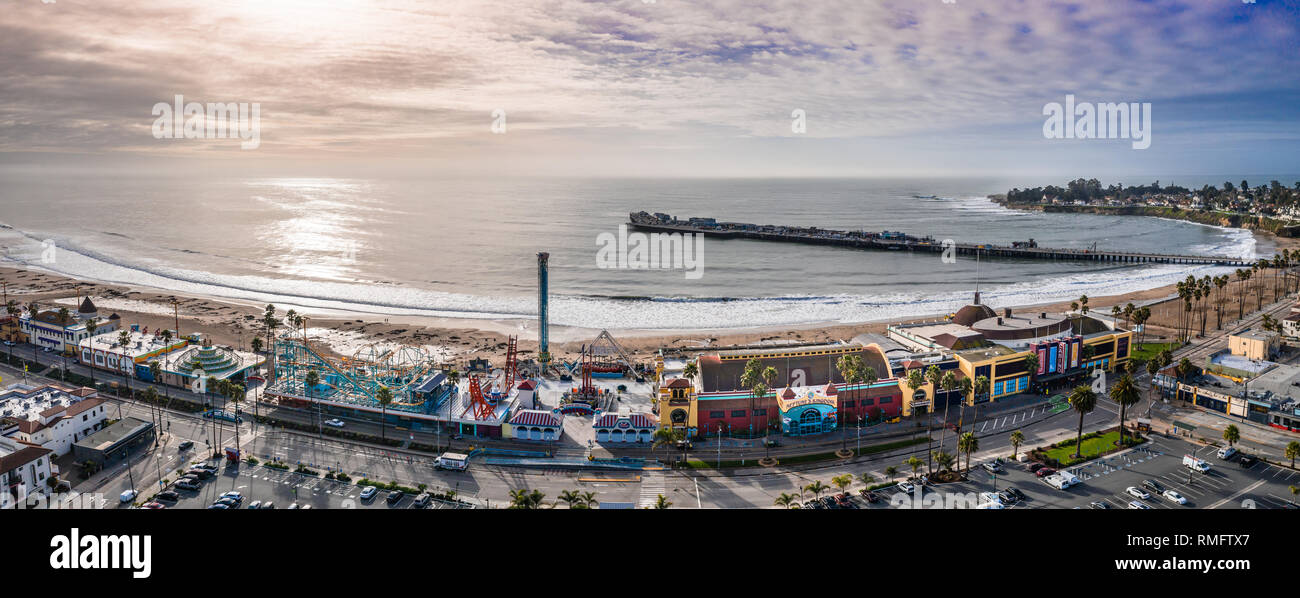 Aerial view of the Santa Cruz pier rollercoaster California US. Longest wooden pier in the USA. Stock Photo
