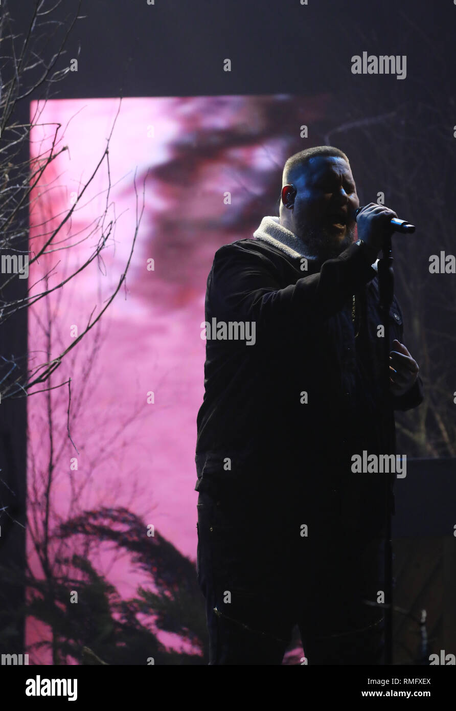Rory Charles Graham, better known as Rag'n'Bone Man, performing with Calvin Harris (not pictured) during the filming for the Graham Norton Show at BBC Studioworks 6 Television Centre, Wood Lane, London, to be aired on BBC One on Friday evening. PRESS ASSOCIATION. Picture date: Thursday February 14, 2019. Photo credit should read: PA Images on behalf of So TV Stock Photo