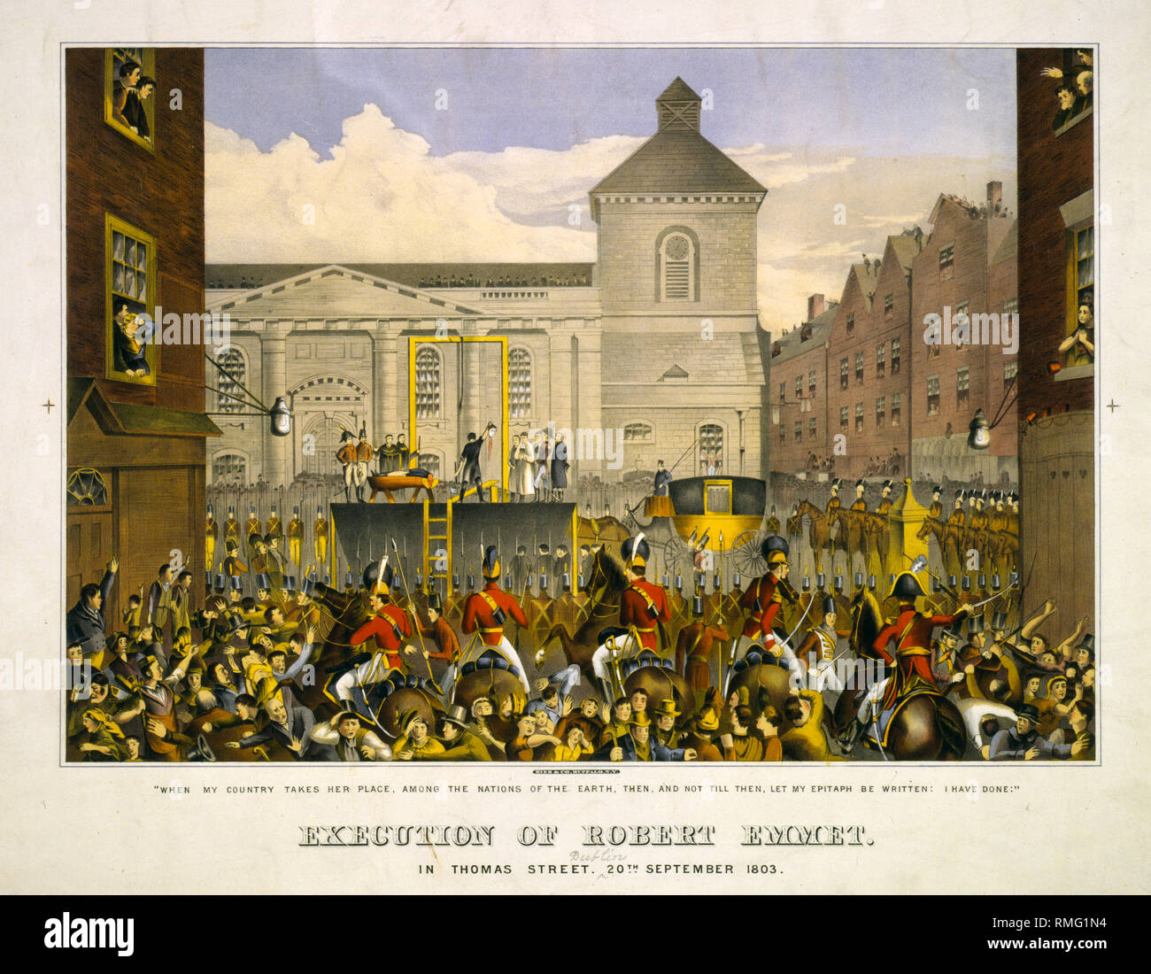Lithograph of the execution of irish republican and nationalist  robert emmet by the british in 1803. Emmet lead the rebellion of 1803 and was caught and tried for treason and then hung drawn and quartered in thomas street dublin on 20th september 1803 Stock Photo