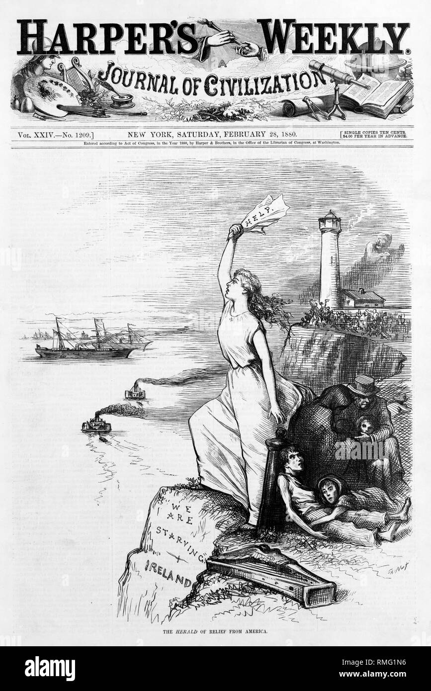 Cover of Harpers Weekly showing cartoon of herald of relief from america. The cartoon is of an Irish woman making signals to relief ships from america with her starving family below her.  Image updated using digital restoration and retouching techniques Stock Photo